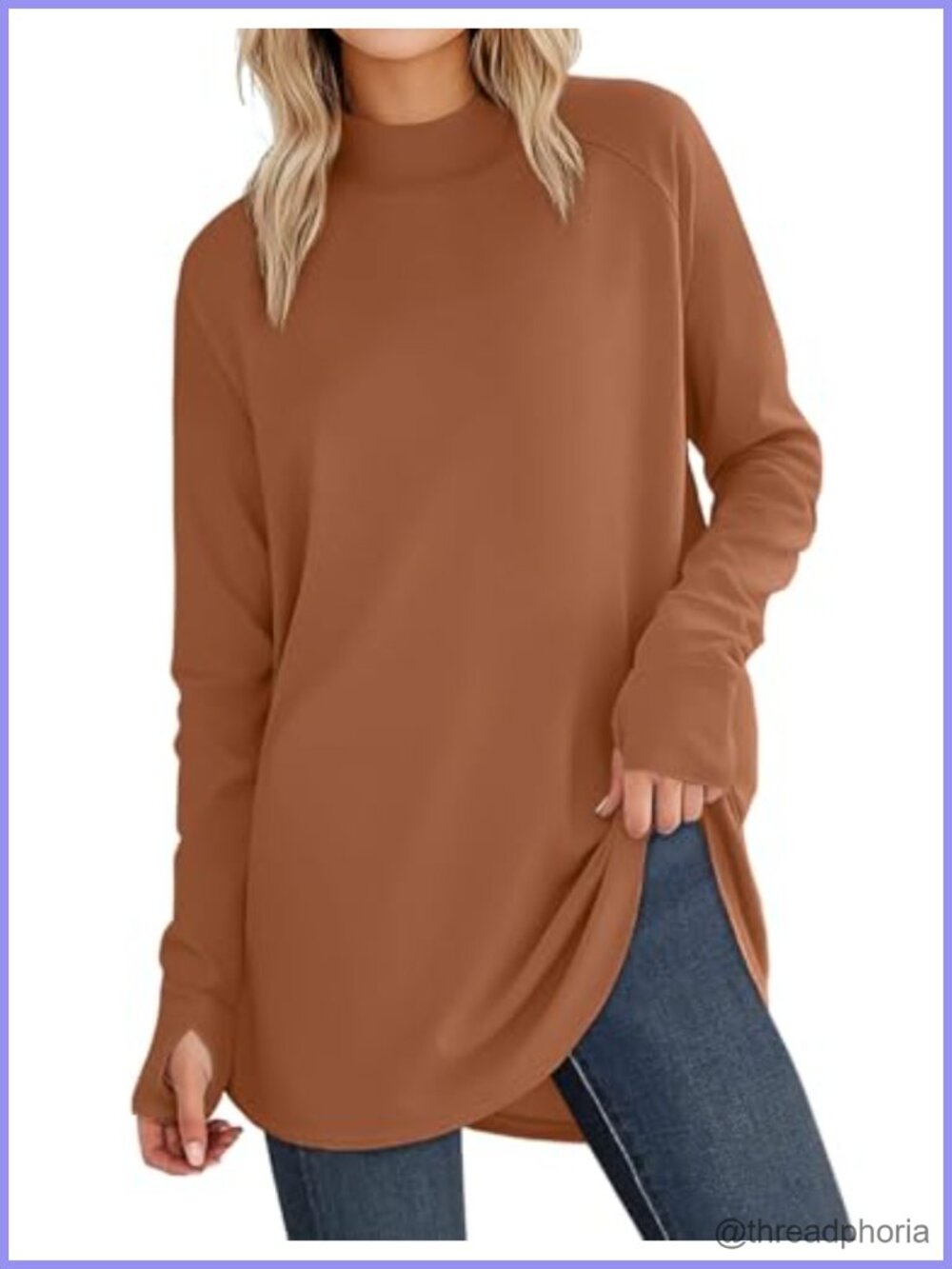 Womens Long Sleeve Tunic Top Mock Neck Thumb Hole Curved Hem Pullover